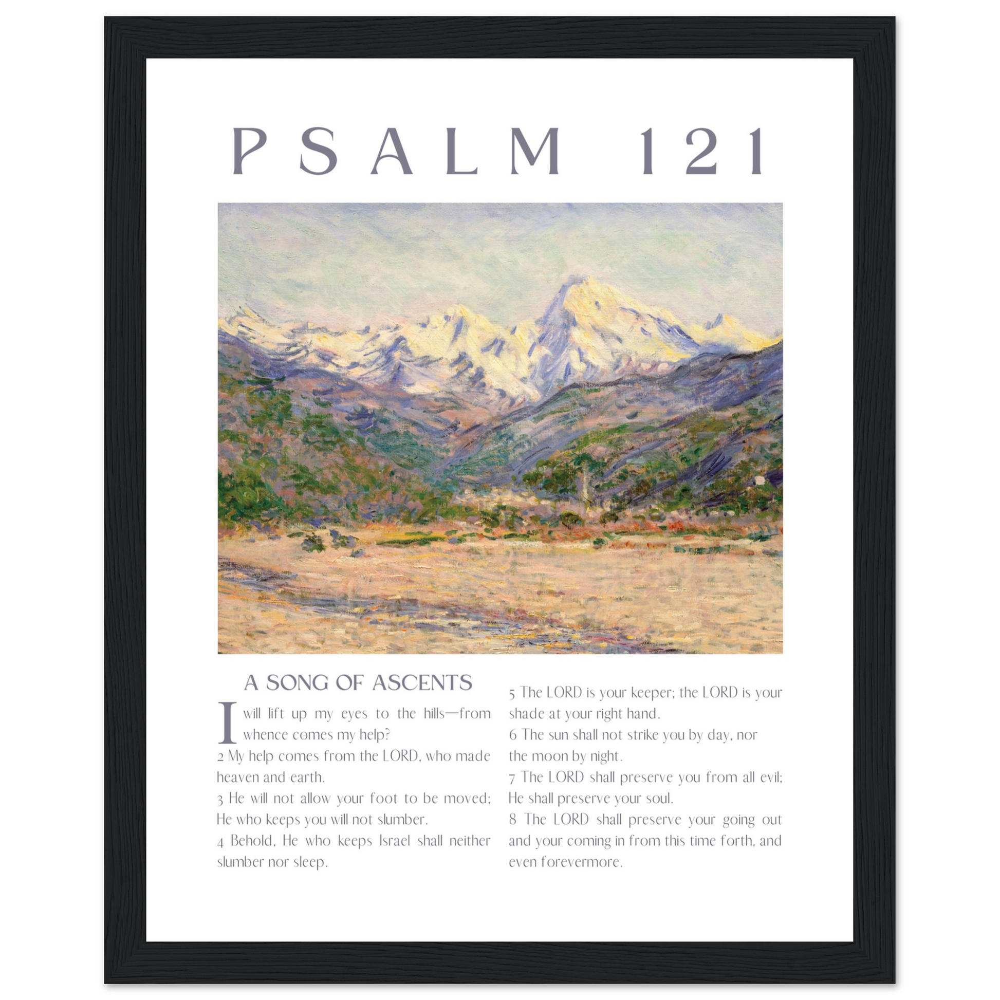 Framed artwork with a mountain landscape and text of Psalm 121.