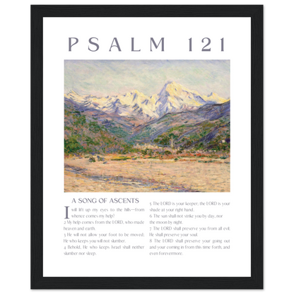 Framed artwork with a mountain landscape and text of Psalm 121.