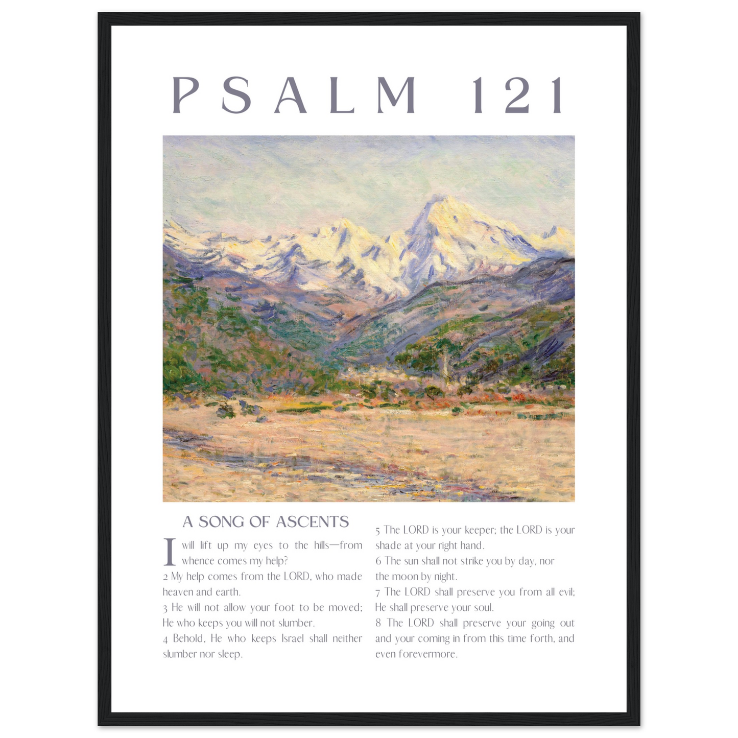 Framed artwork with a mountain landscape and text of Psalm 121 on a white background