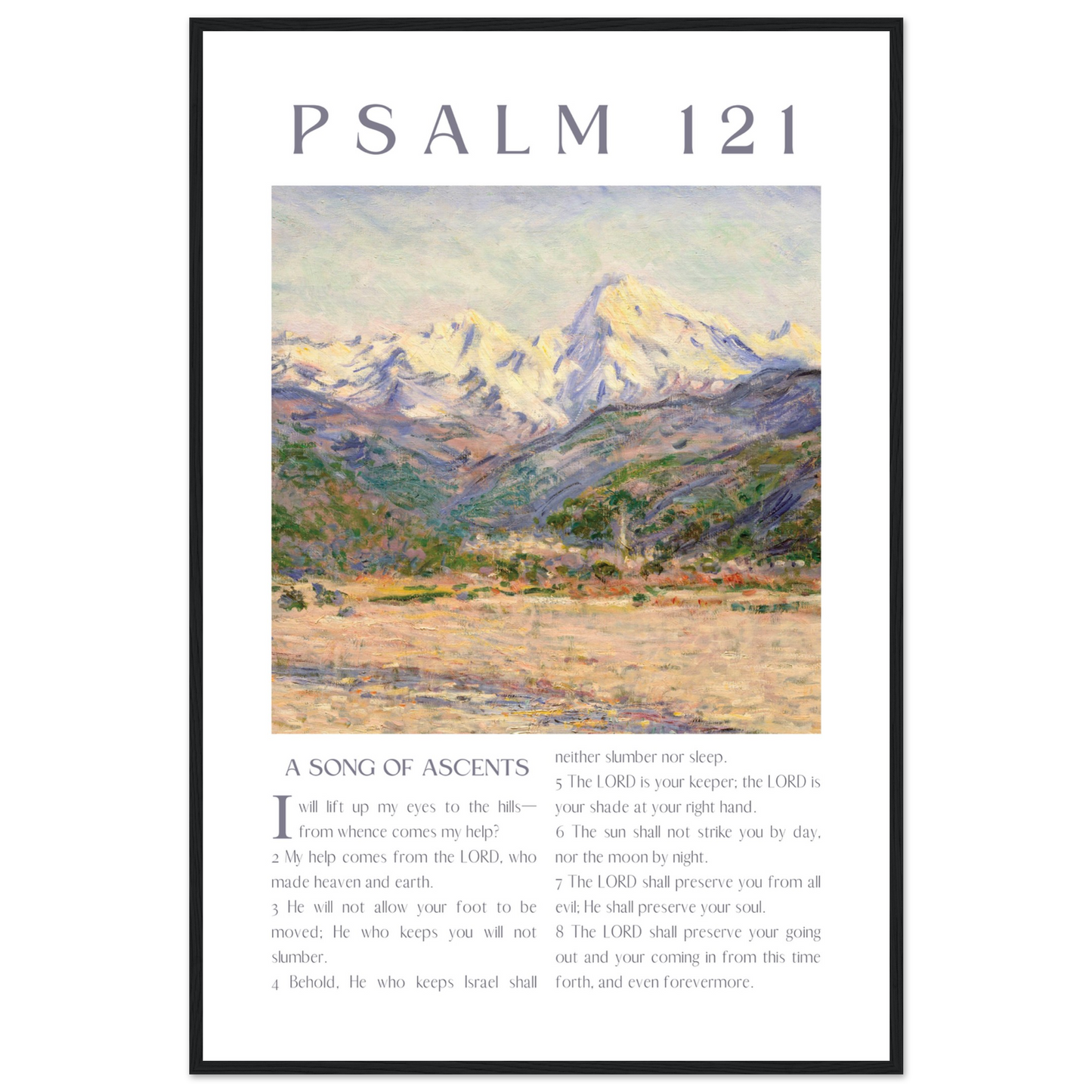 Poster with mountain landscape and Psalm 121 text on a white background