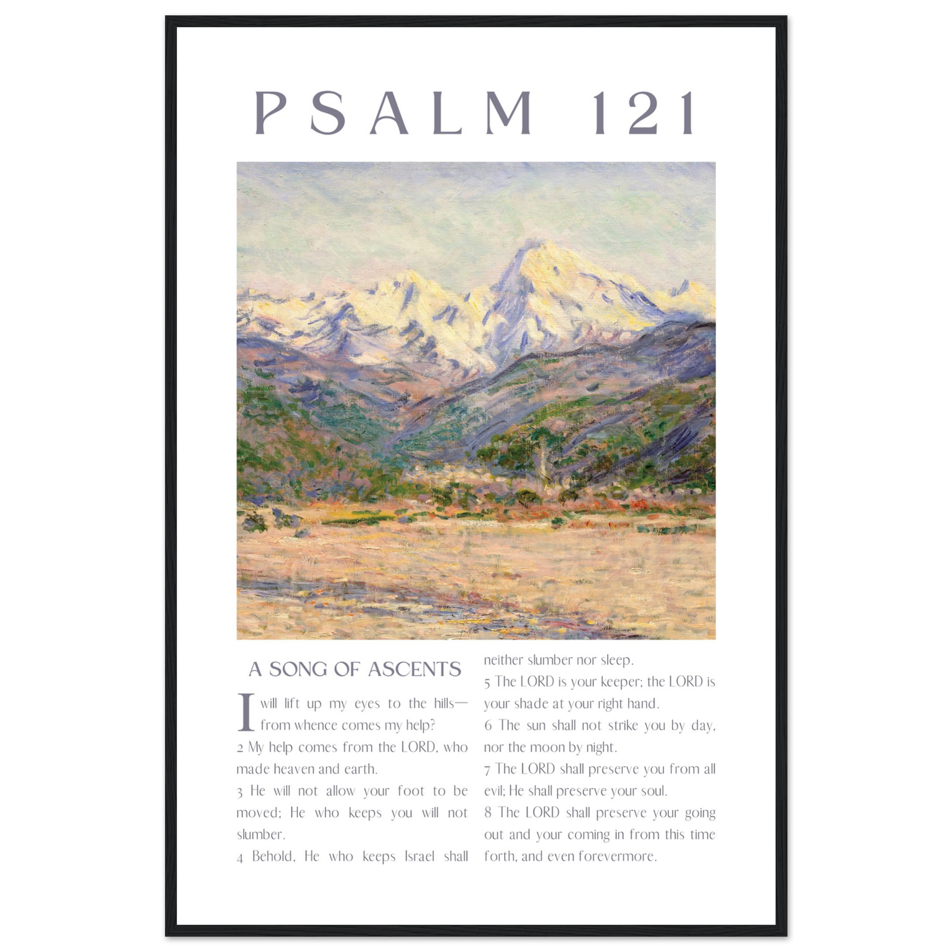Poster with mountain landscape and Psalm 121 text on a white background