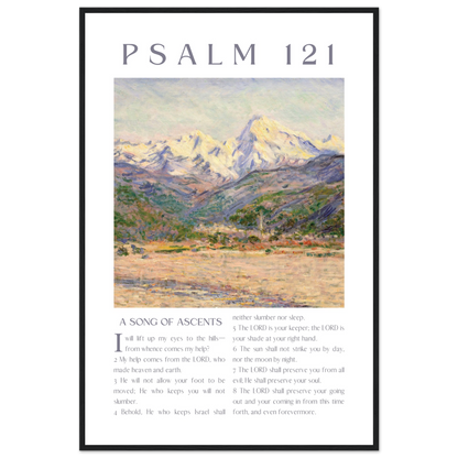Poster with mountain landscape and Psalm 121 text on a white background