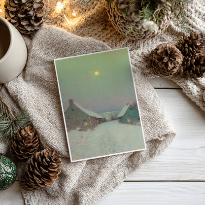 Winter-themed card with snowy landscape surrounded by pinecones and a mug on a textured surface.