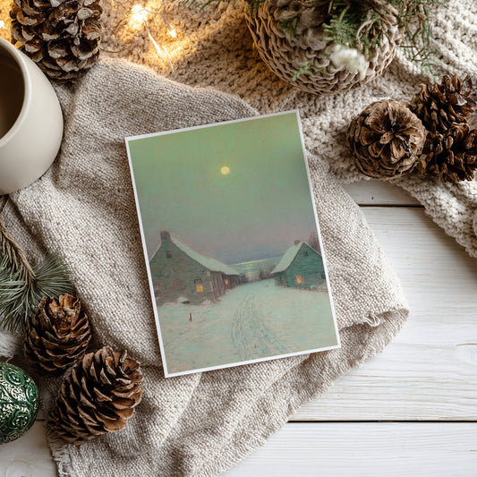 Winter-themed card with snowy landscape surrounded by pinecones and a mug on a textured surface.