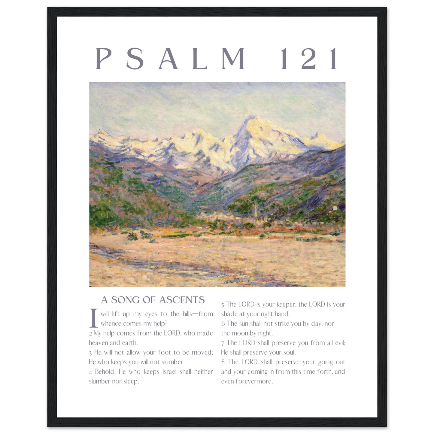 Framed artwork with a mountain landscape and text of Psalm 121 on a white background