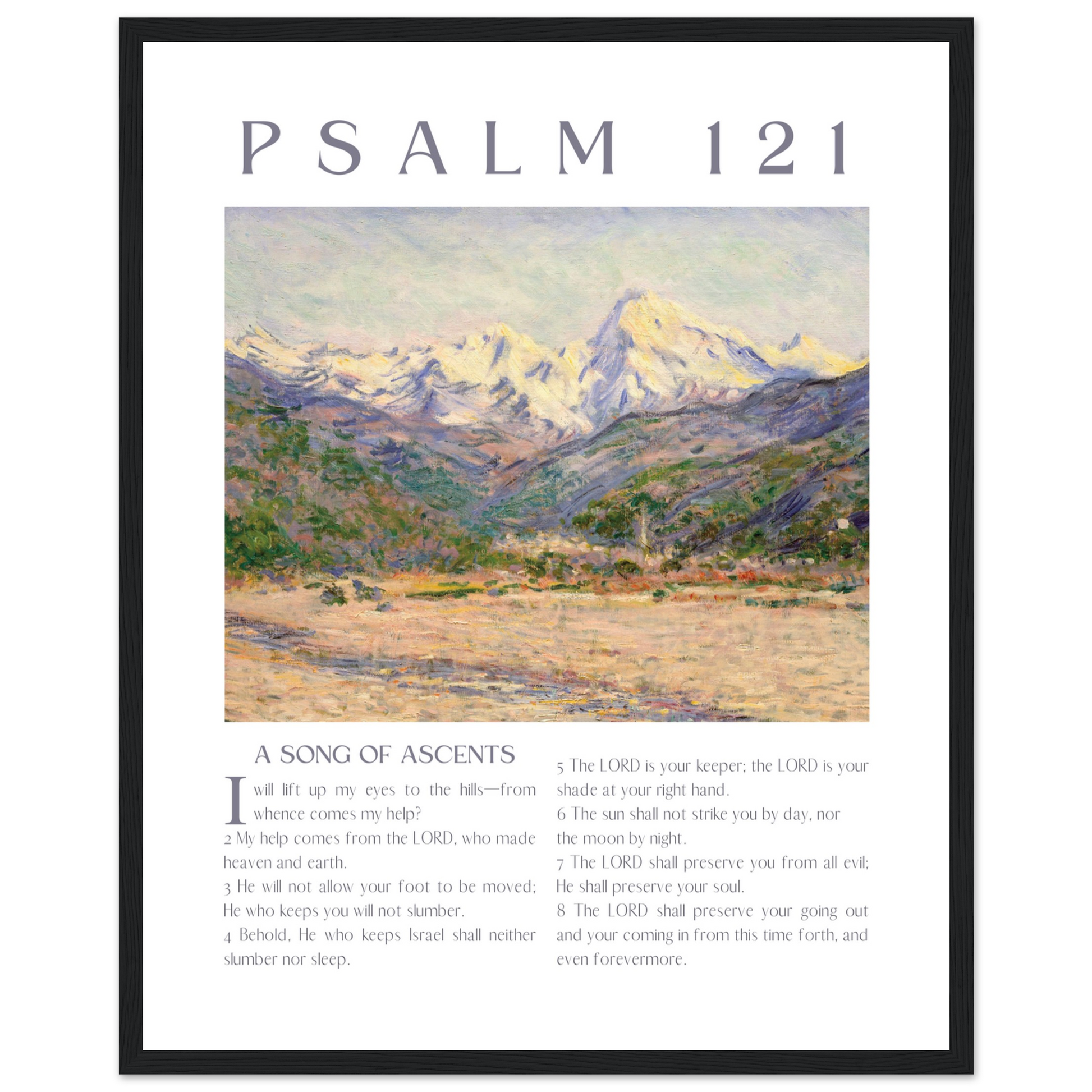 Framed artwork with a mountain landscape and text of Psalm 121 on a white background