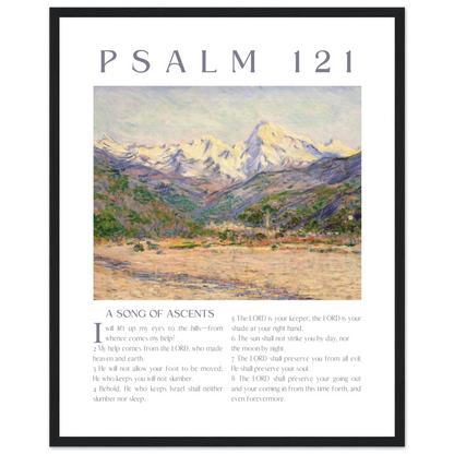 Framed artwork with a mountain landscape and text of Psalm 121 on a white background