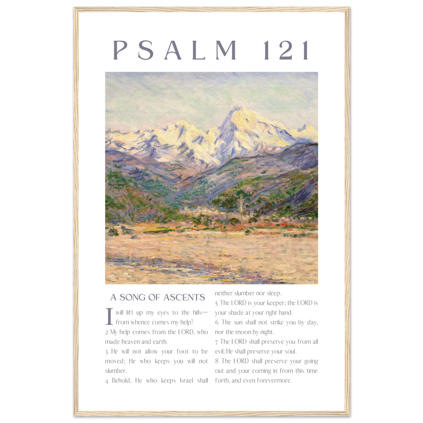 Framed artwork with a mountain landscape and text of Psalm 121 on a white background
