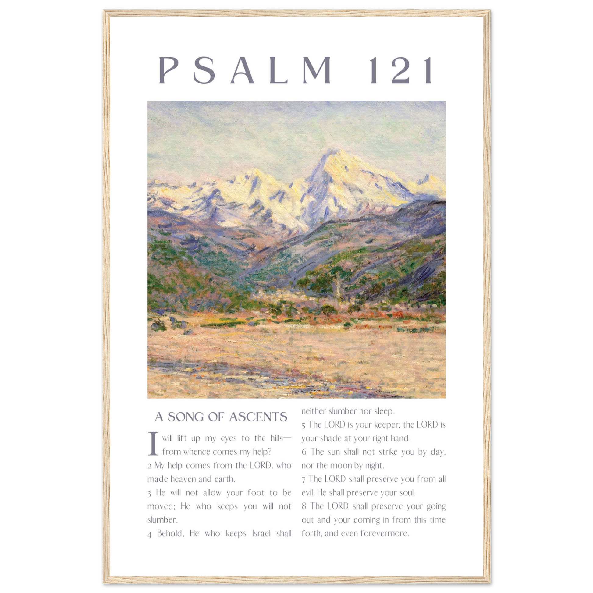 Framed artwork with a mountain landscape and text of Psalm 121 on a white background