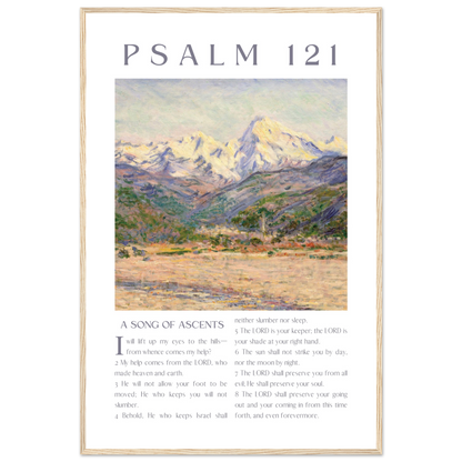 Framed artwork with a mountain landscape and text of Psalm 121 on a white background