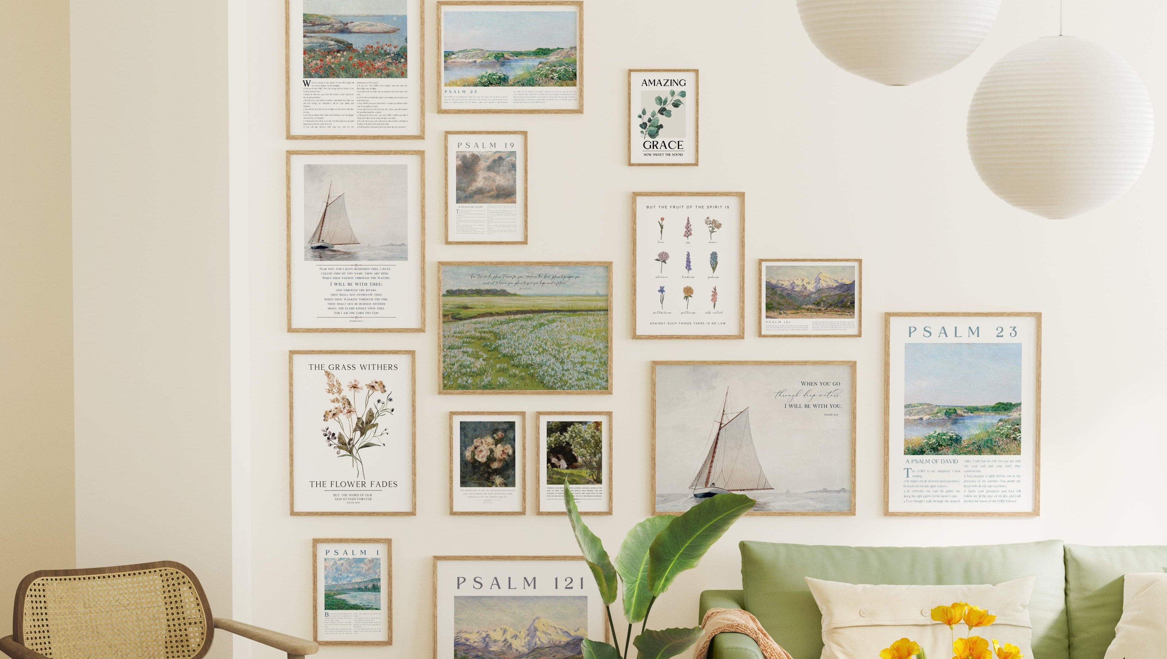 Living room with a wall of framed pictures, a green sofa, and a small table with decor items.