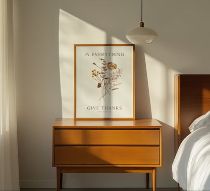 Wooden nightstand with framed artwork in a bedroom setting