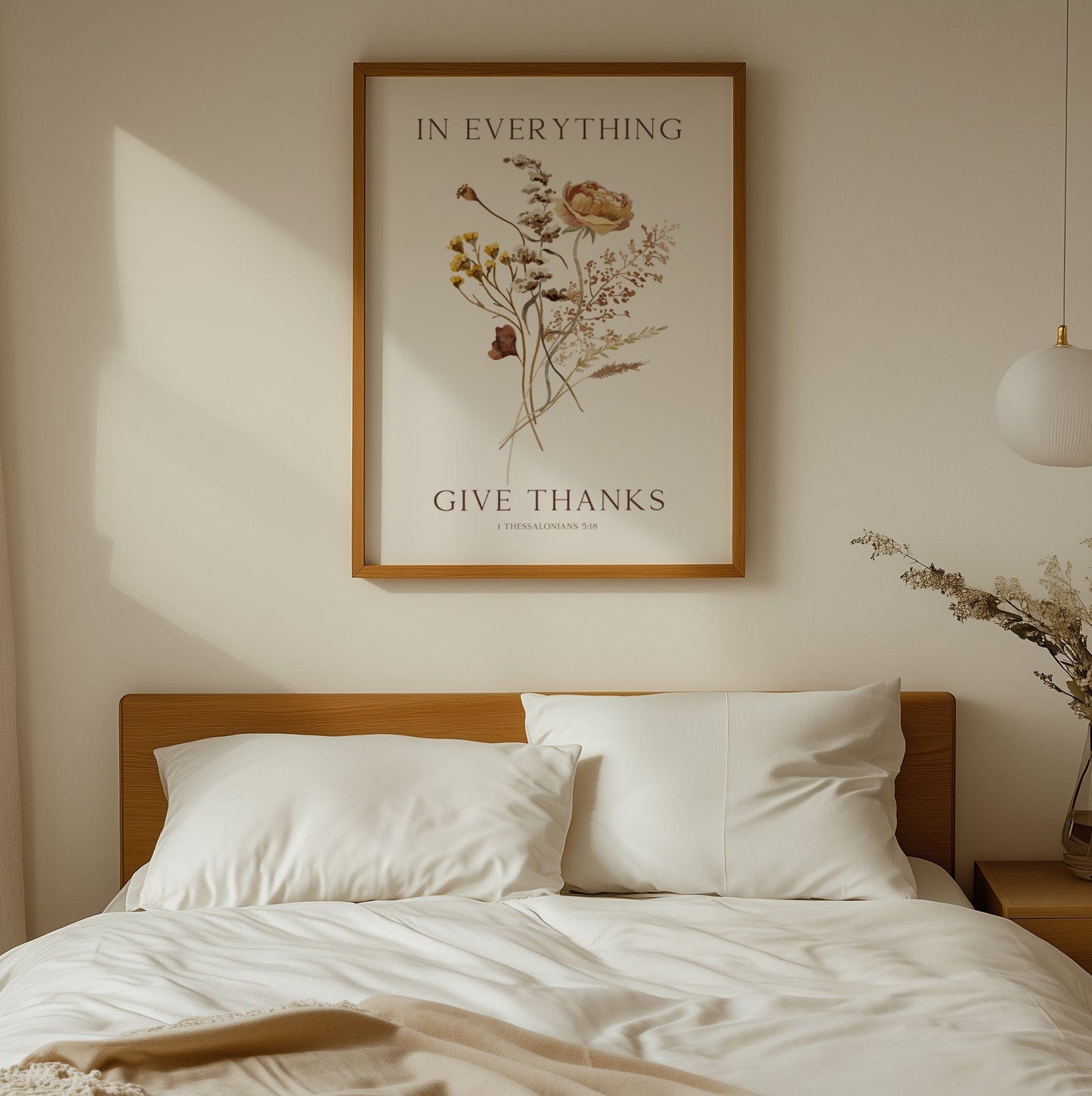 Bedroom with wooden headboard, white bedding, and framed artwork on wall.