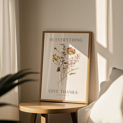 Framed artwork with 'In Everything Give Thanks' text on a wooden side table in a softly lit room.