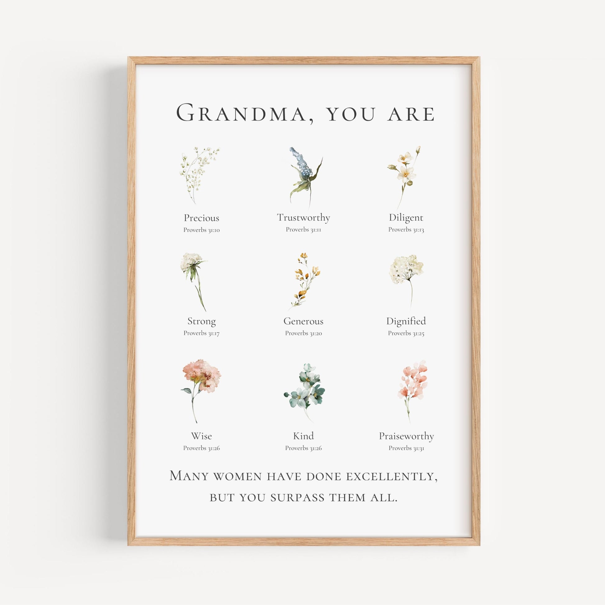 Framed print with floral illustrations and text for Grandma  on a white background