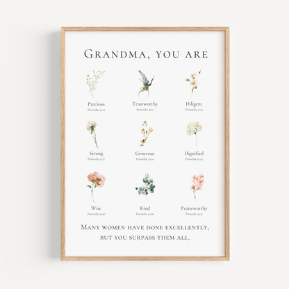 Framed print with floral illustrations and text for Grandma  on a white background