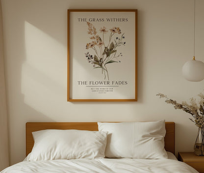 Bedroom with a framed botanical print above the bed