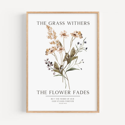 Framed artwork with floral design and text on a white background