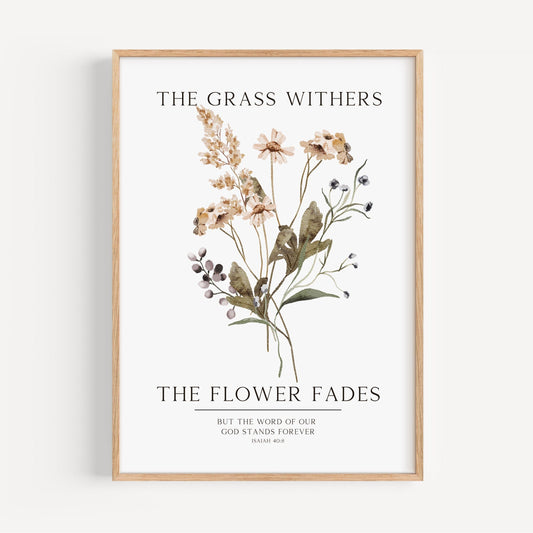 Framed artwork with floral design and text on a white background