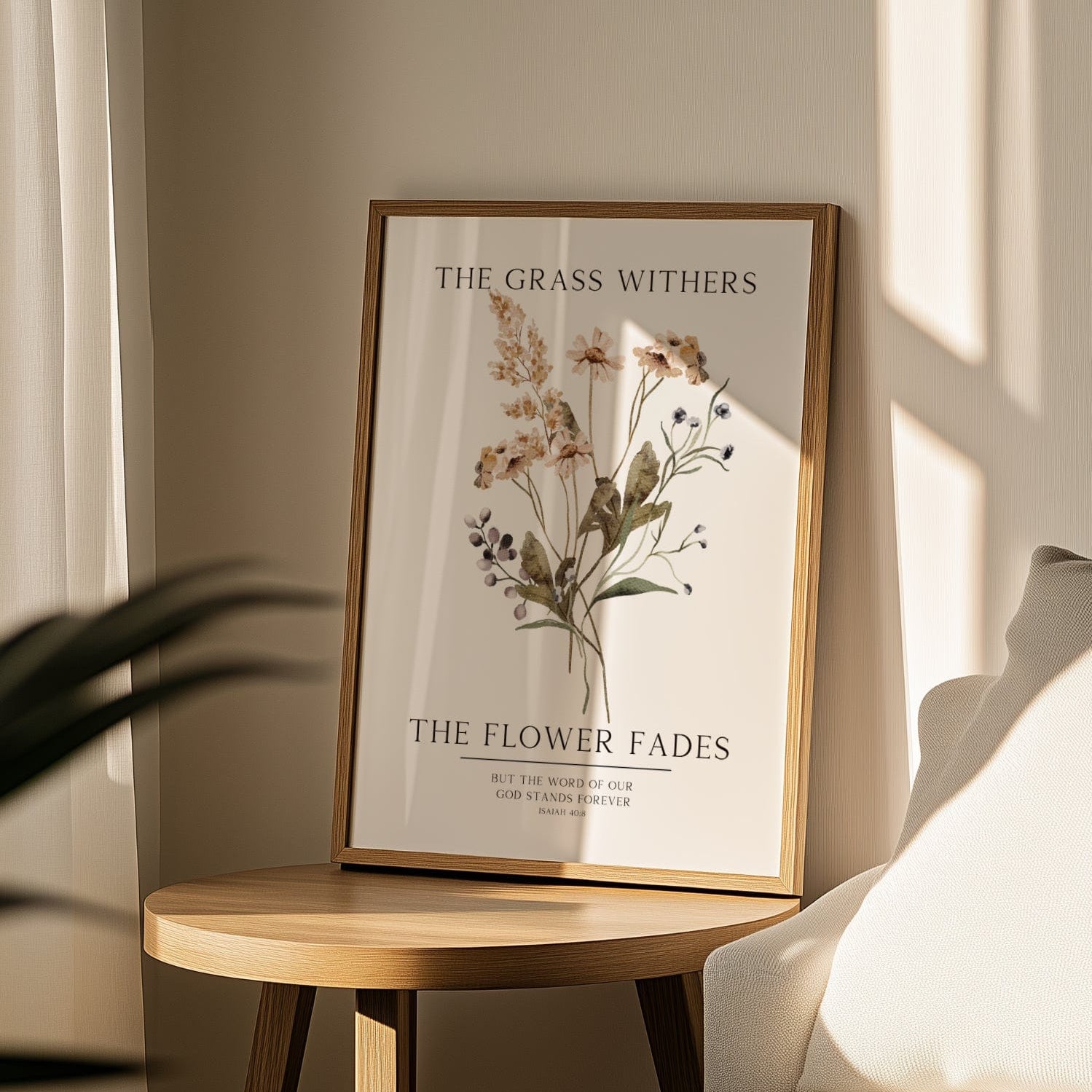 Framed artwork on a wooden side table with a neutral background