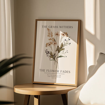 Framed artwork on a wooden side table with a neutral background