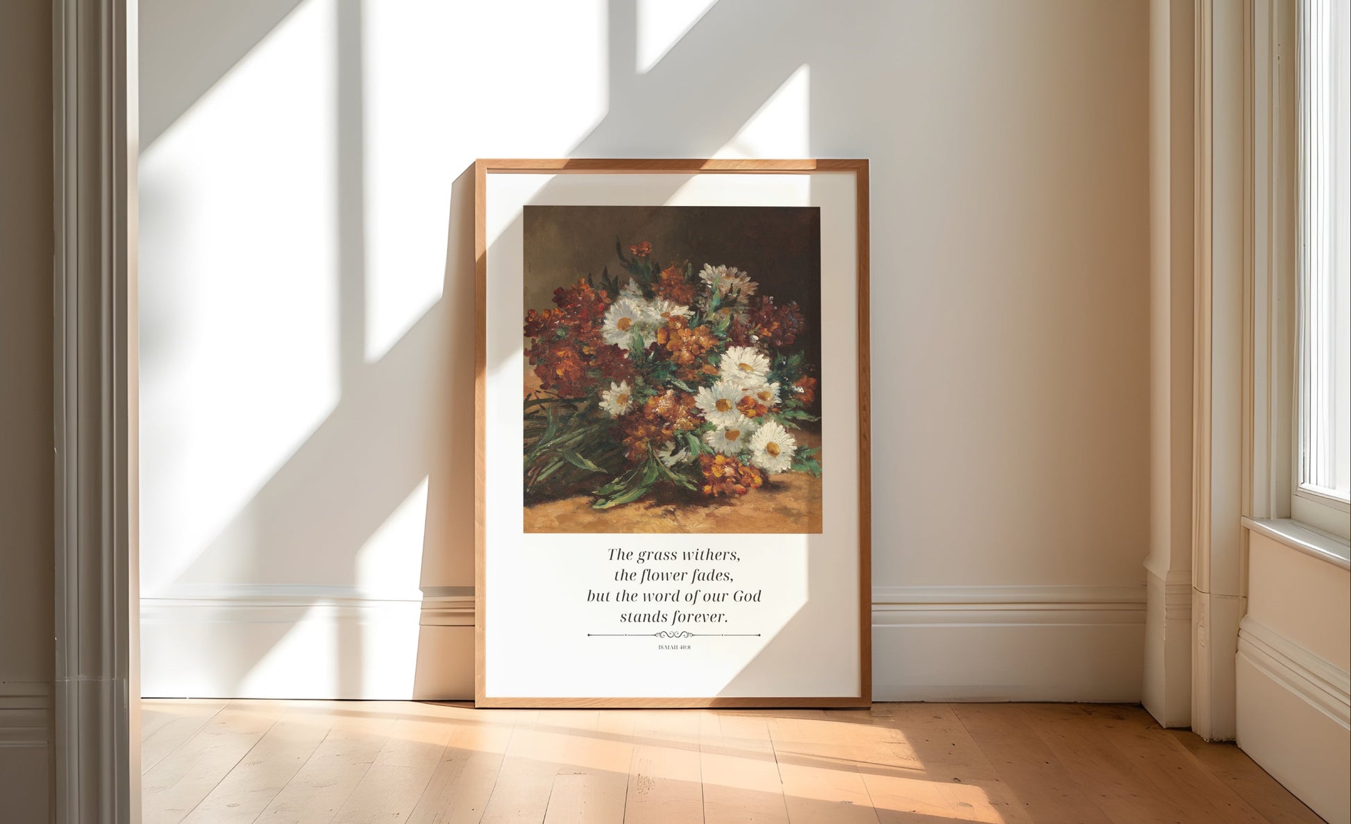 Framed floral artwork on a wall with sunlight streaming through windows