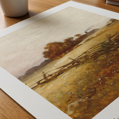 Artistic depiction of a landscape with a fence and trees on a wooden surface
