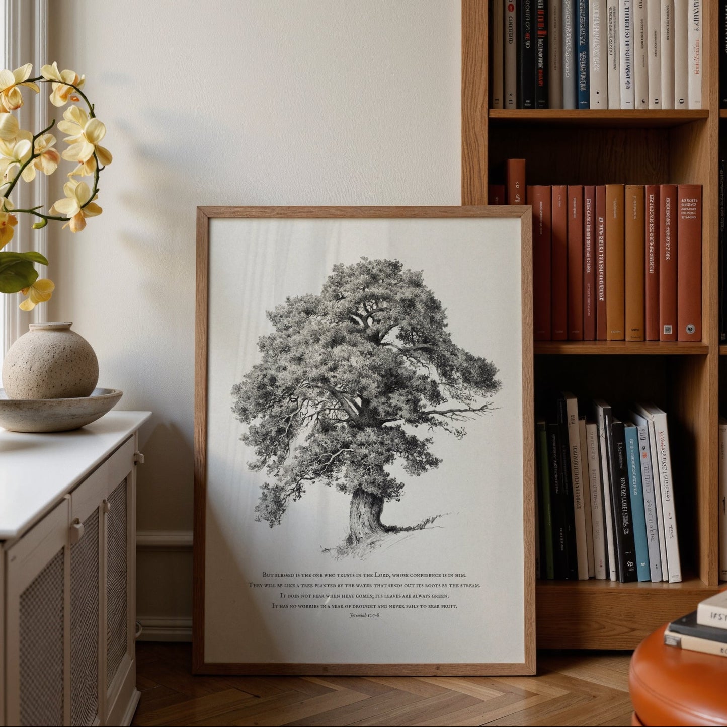 Framed black and white tree print on a wall next to a bookshelf with books and decor.