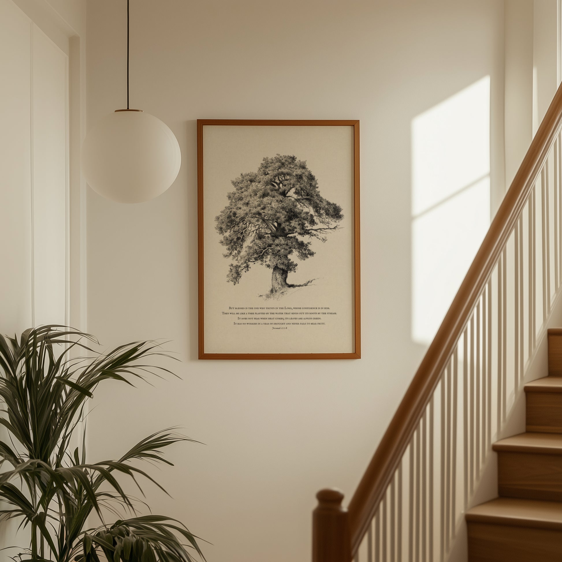 Framed artwork of a tree on a wall above a staircase with a plant to the left.