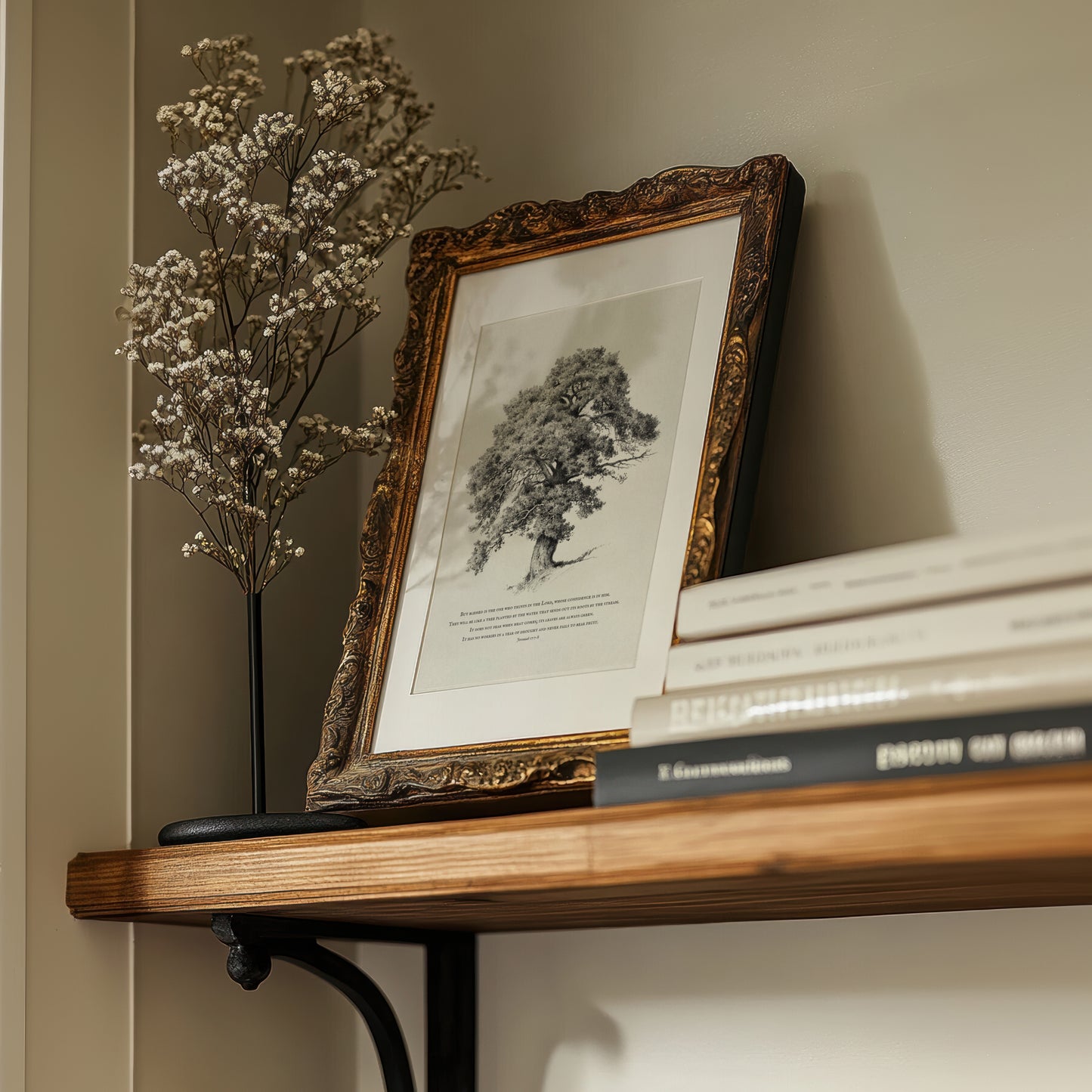 Decorative shelf with a framed print, books, and a small plant against a neutral wall.
