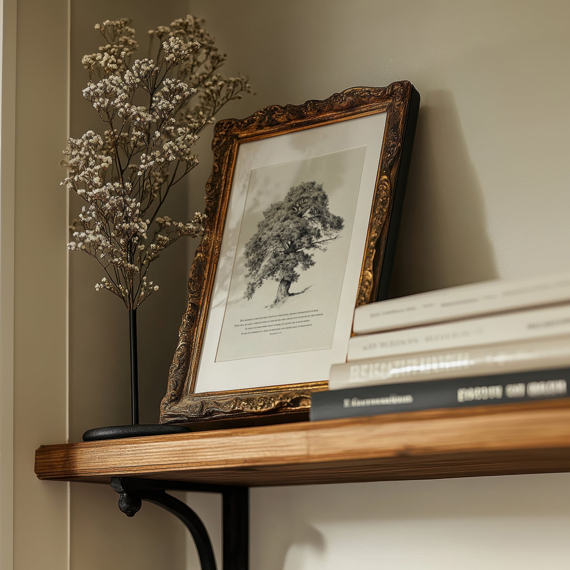 Decorative shelf with a framed print, books, and a small plant against a neutral wall.