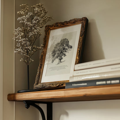 Decorative shelf with a framed print, books, and a small plant against a neutral wall.
