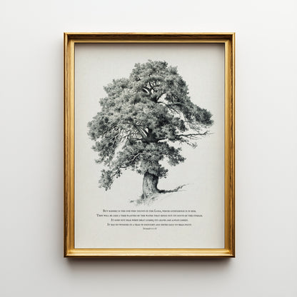Framed black and white tree illustration on a light background