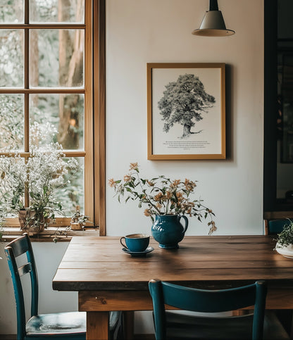 Dining room with wooden table, blue chairs, and a window view.