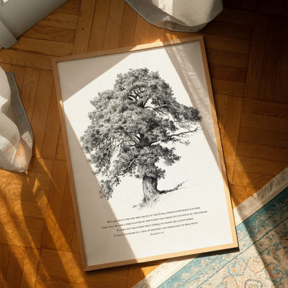 Tree print illustration on a sunlit floor.