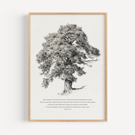 Framed black and white tree illustration on a white background