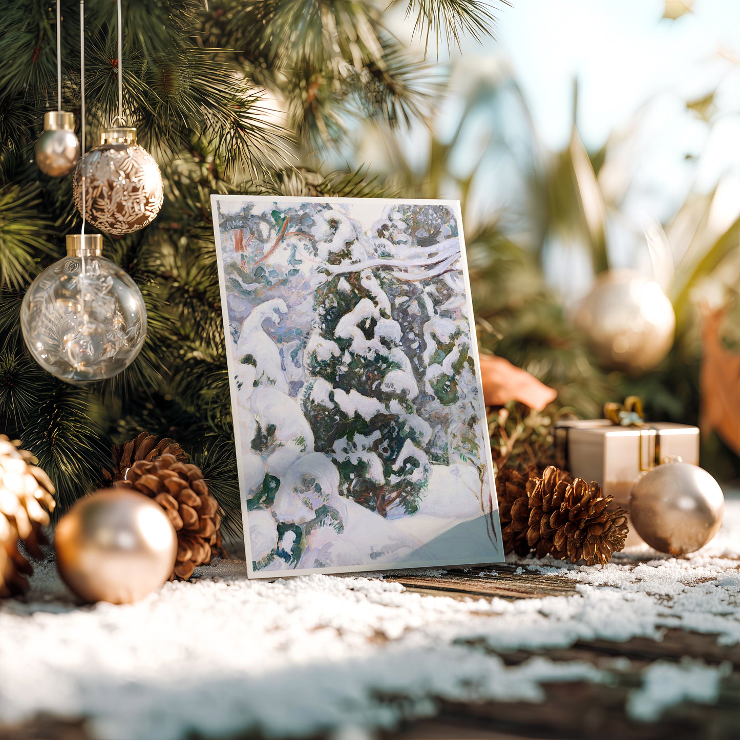 Laptop on a snowy surface with Christmas decorations