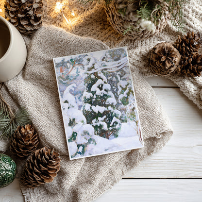 Winter-themed card with pinecones and a mug on a textured surface