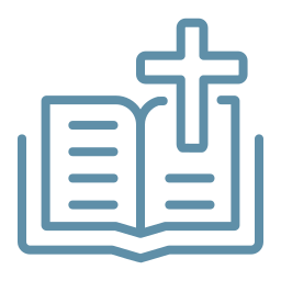A minimalist blue-gray minimalist icon of an open book with a cross set against a solid white background.