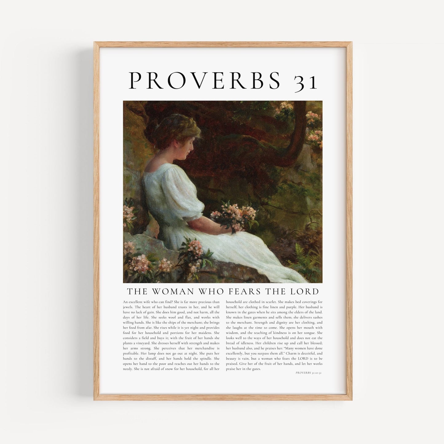 Framed artwork with a woman in a white dress and 'Proverbs 31' text on a white background