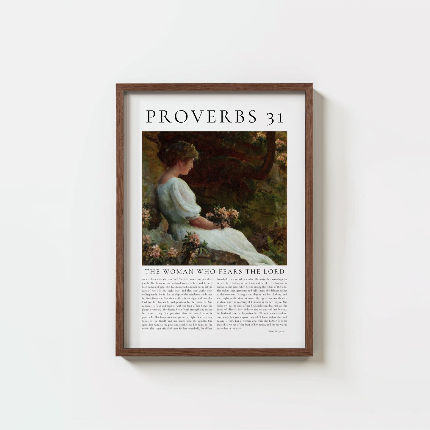 framed wooden art print with vintage art of woman sitting and text titled Proverbs 31.  