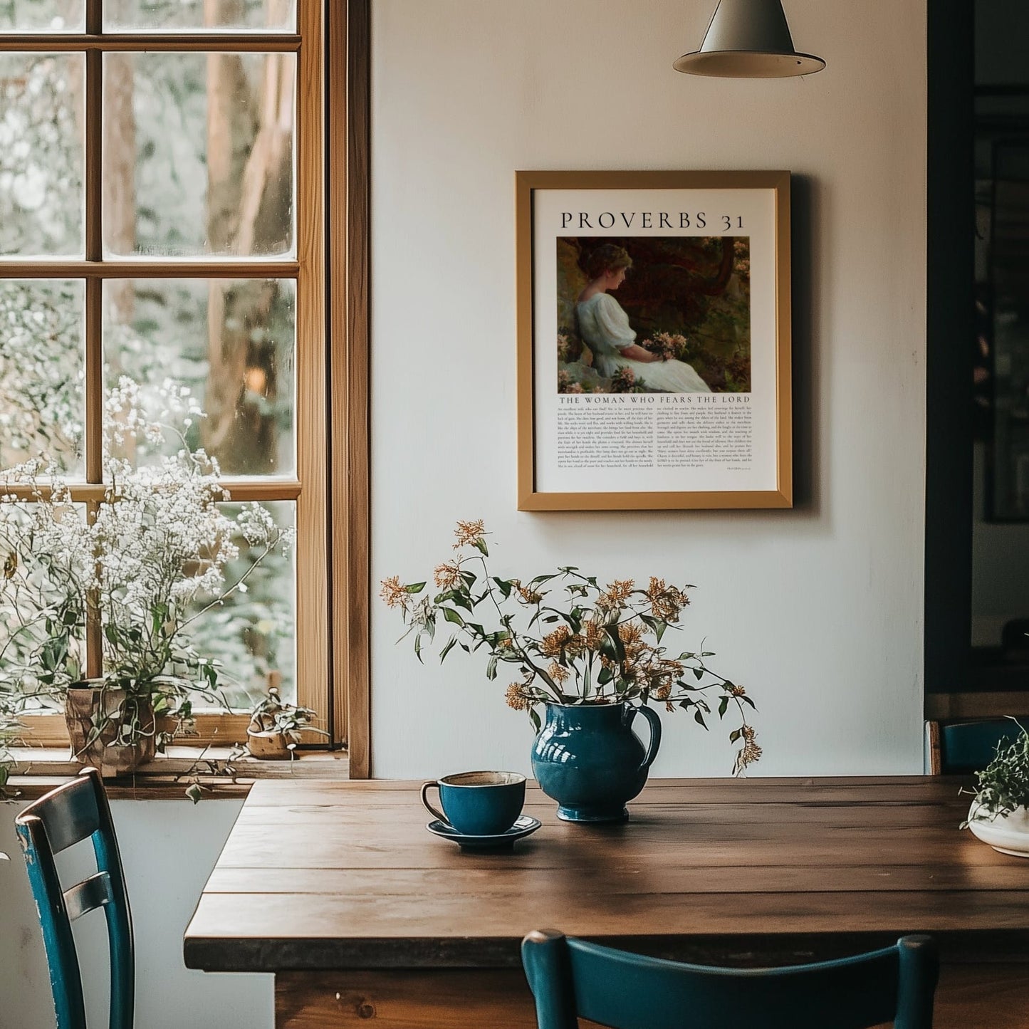 Dining room with wooden table, chairs, and framed poster on the wall.