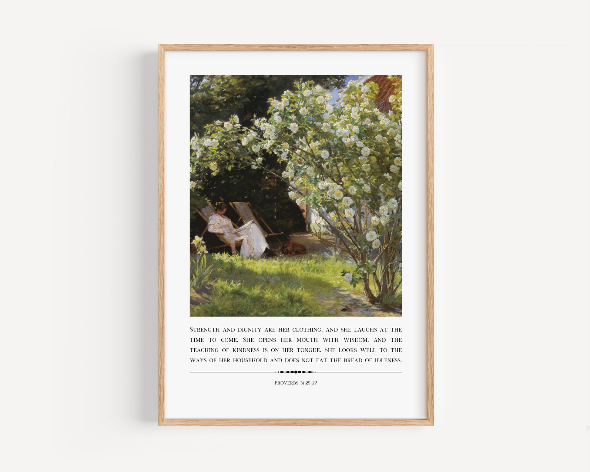Framed artwork of a garden scene with text on a white background