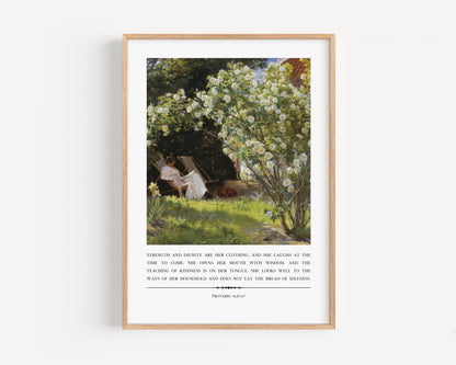 Framed artwork of a garden scene with text on a white background