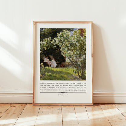 Framed artwork with a garden scene and text on a white wall.