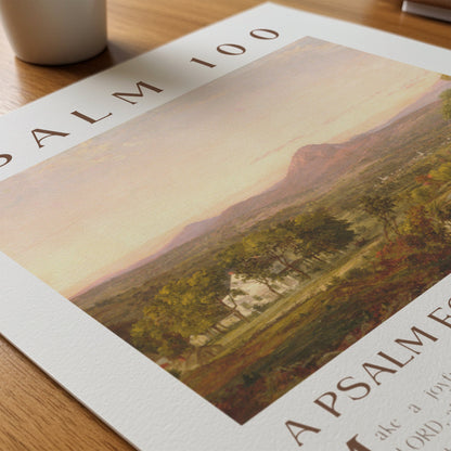Art Poster with a scenic landscape on a wooden surface