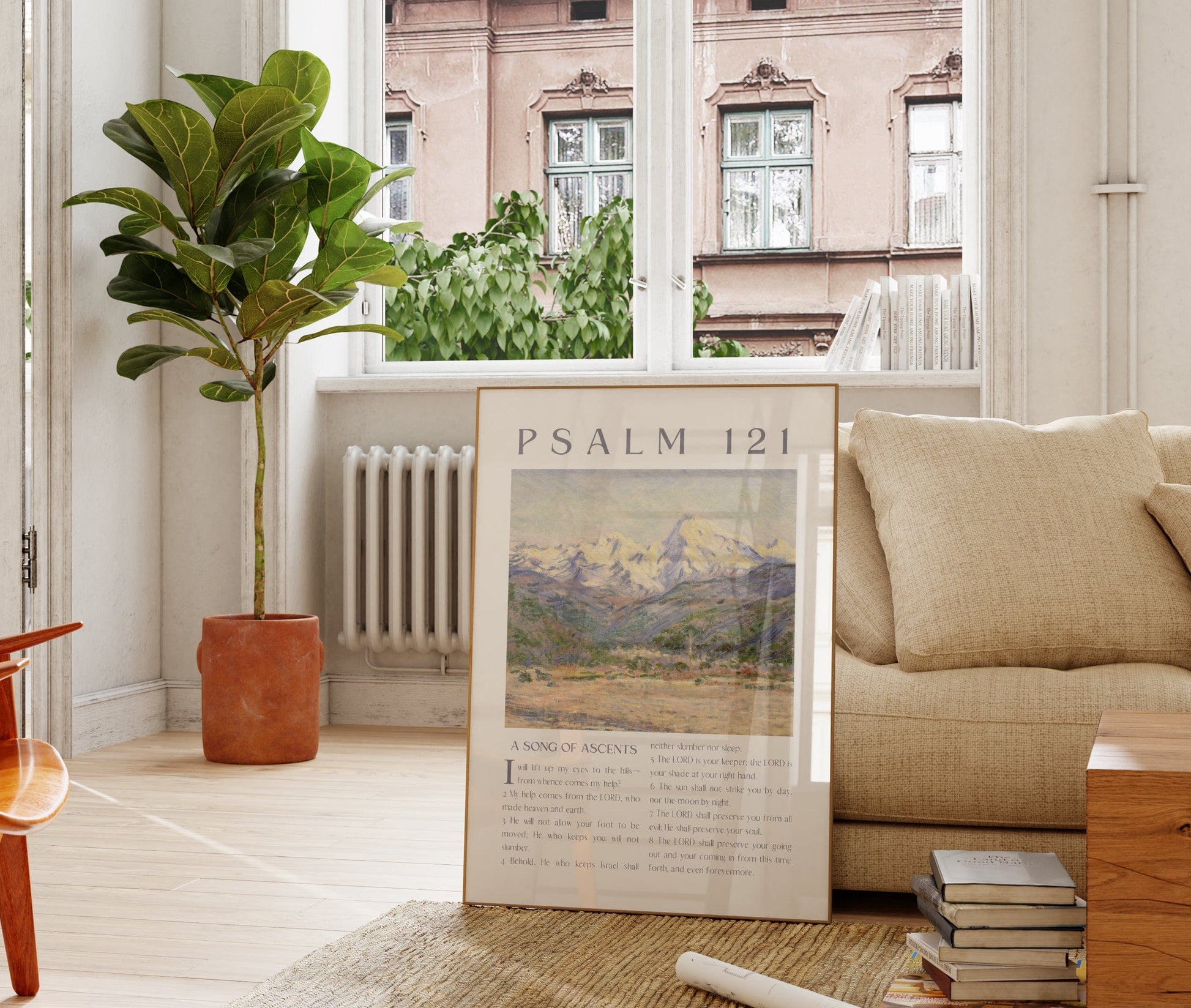 Living room with beige sofa, wooden coffee table, and a plant near a window.