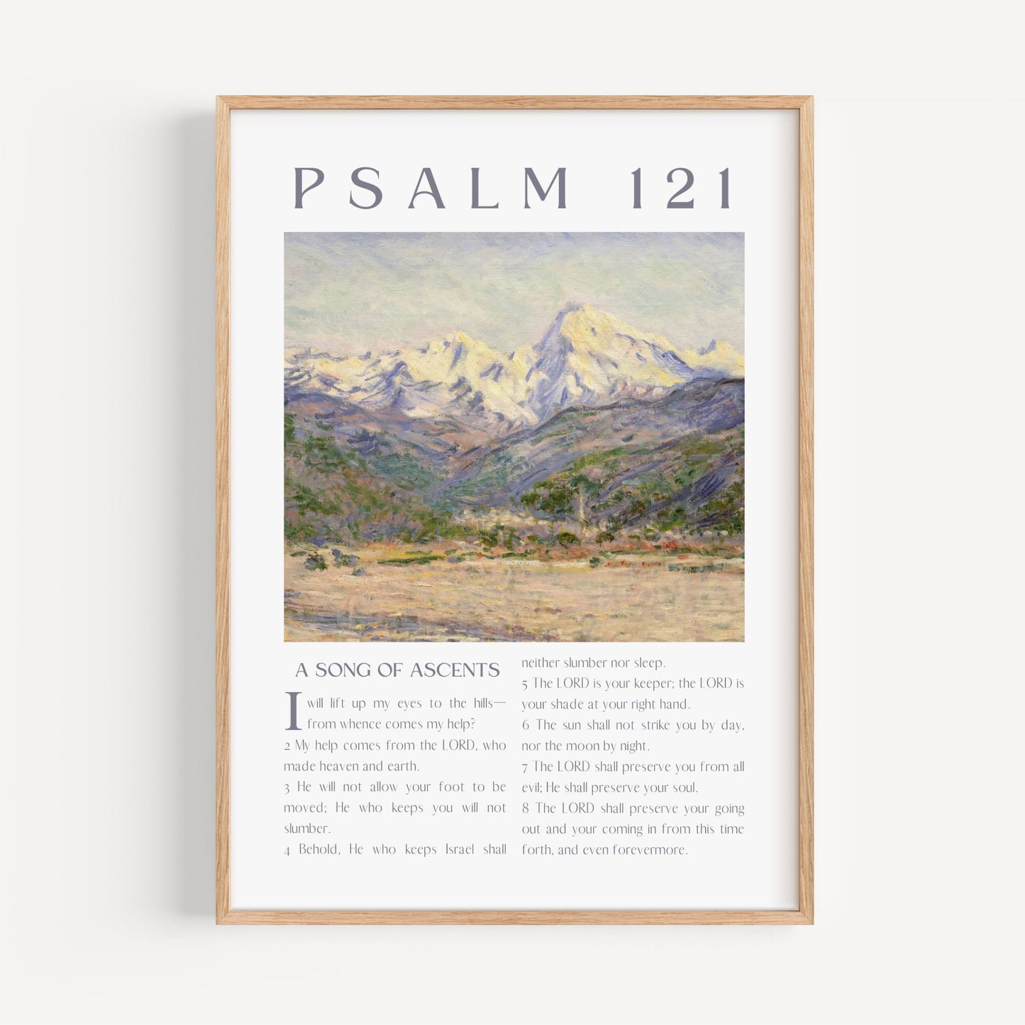 Framed artwork with mountain landscape and Psalm 121 text on a white background