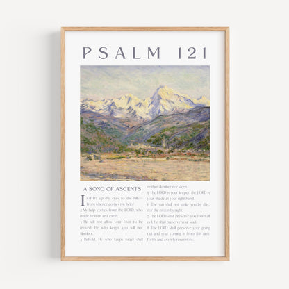Framed artwork with mountain landscape and Psalm 121 text on a white background