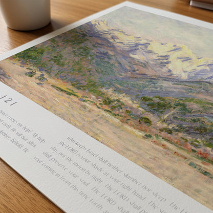 Artistic depiction of a landscape on a printed page with text.
